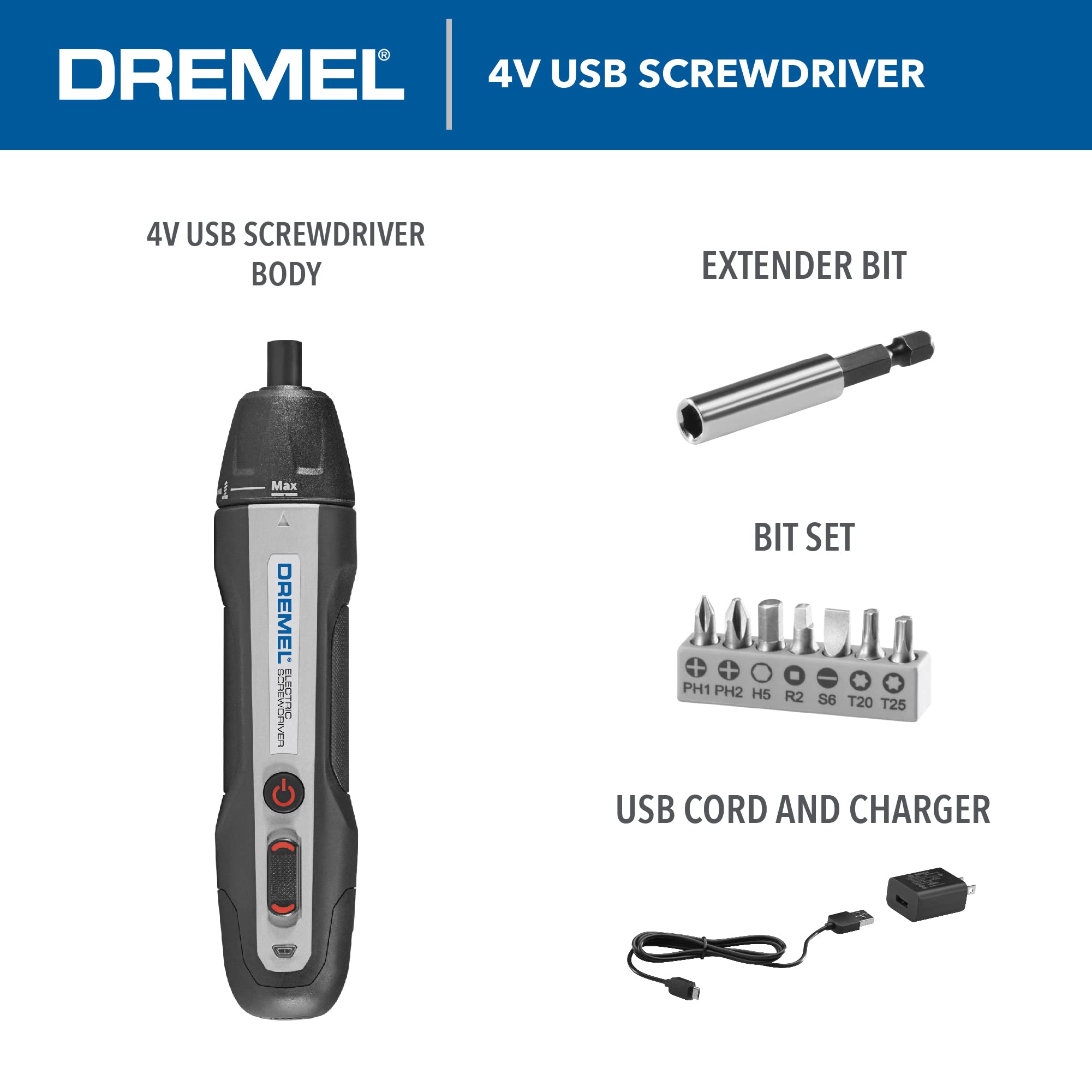 Dremel 4V Cordless Screwdriver Kit with 6 Power Settings and Smart Stop Technology, Includes 7 Screwdriver Bits, 1 Bit Extender, USB Cable and Power Adapter, HSES-01 - Image 3