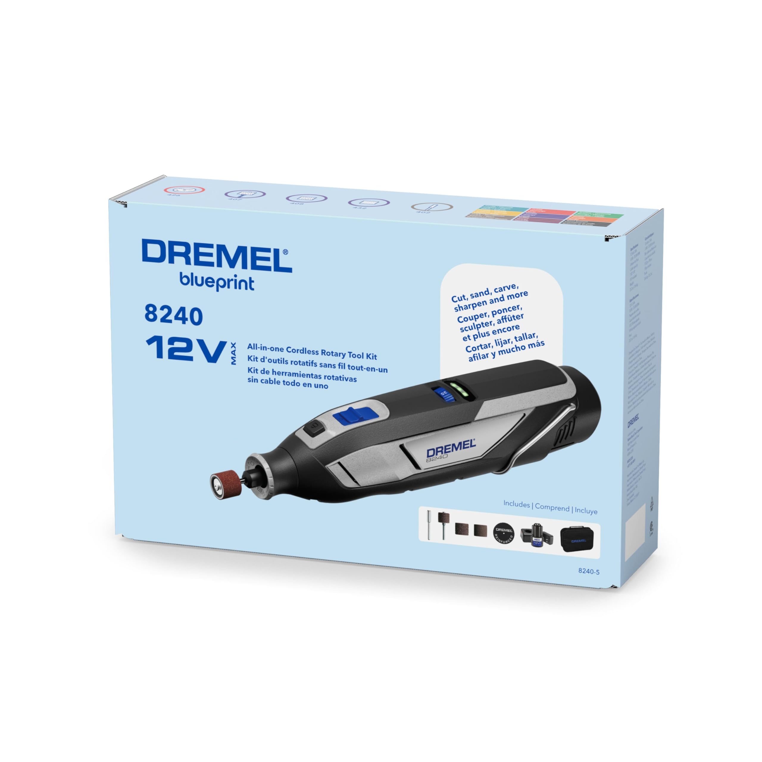 Dremel 8240-5 12V Cordless Rotary Tool Kit with Variable Speed and Comfort Grip - Includes 2AH Battery Pack, Charger, 5 Accessories, Wrench, and Tool Fabric Carry Bag - Image 8