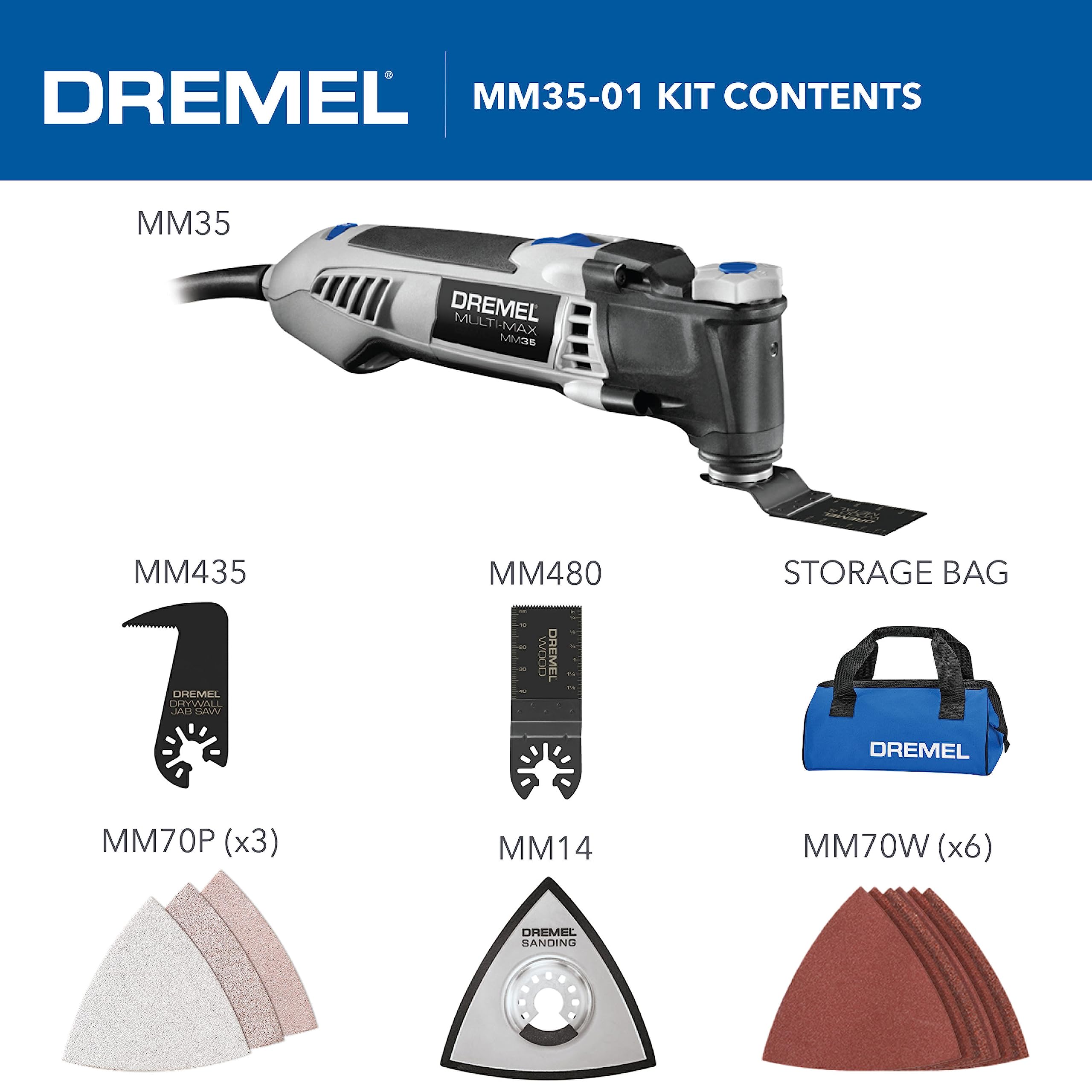 Dremel Multi-Max 3.5 Amp Oscillating Tool Kit with Tool-LESS Accessory Change- Multitool with 12 Accessories- Compact Head & Angled Body- Drywall, Nails, Remove Grout & Sanding- MM35-01 - Image 3